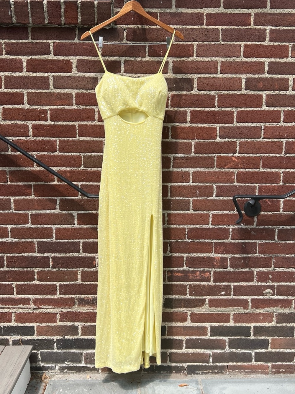 Aqua Lemon Yellow Sequin Prom Gown with Cutout